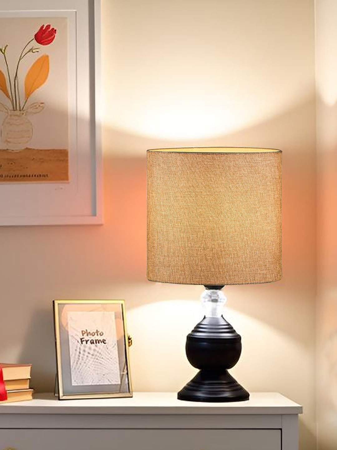 Decorcity Brown Jute Lamp Shade With Black Metal Cylindrical Shaped Table Lamp with Bulb