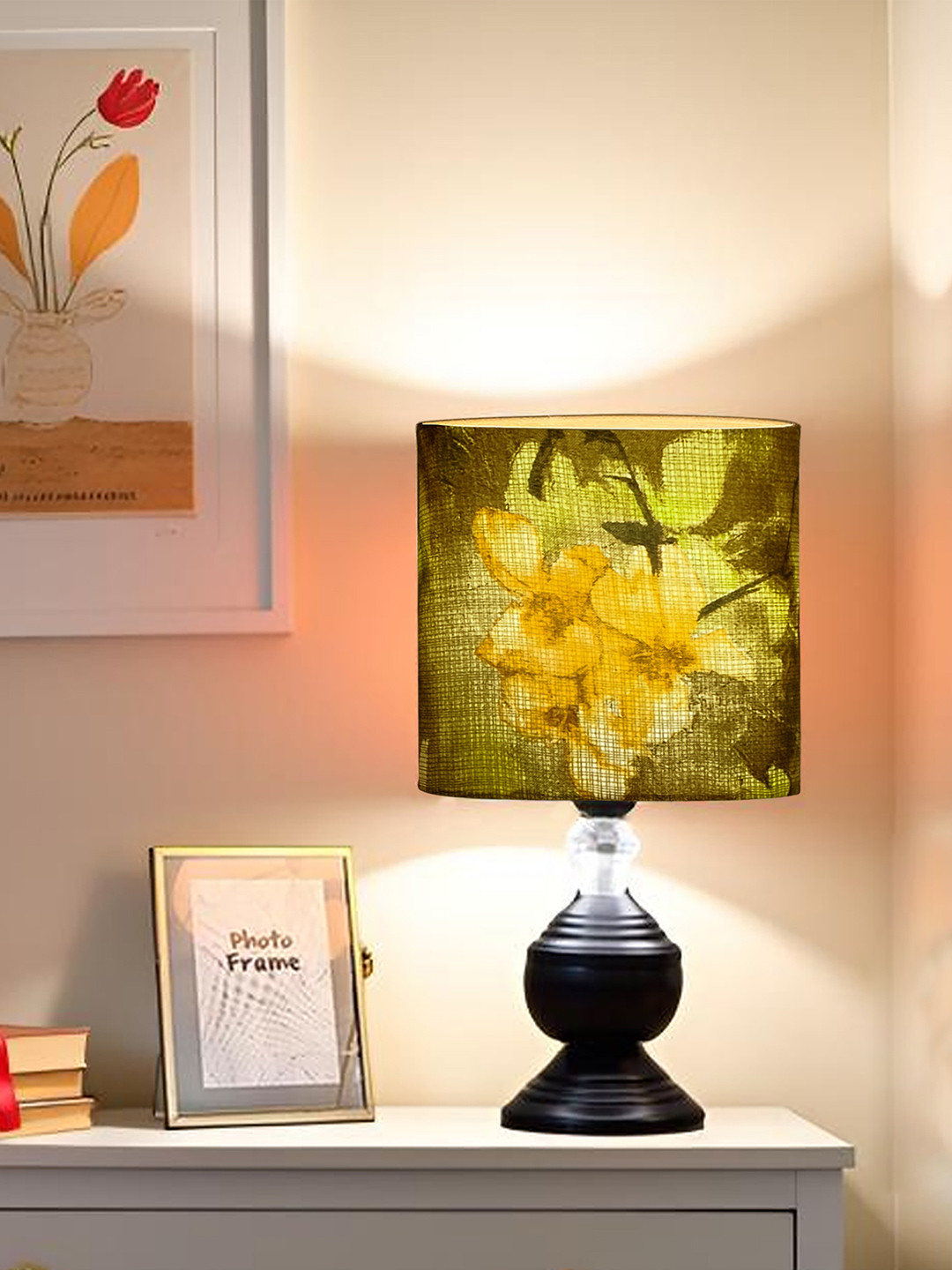 Decorcity Floral Printed Cylindrical Shaped Table Lamp with Bulb