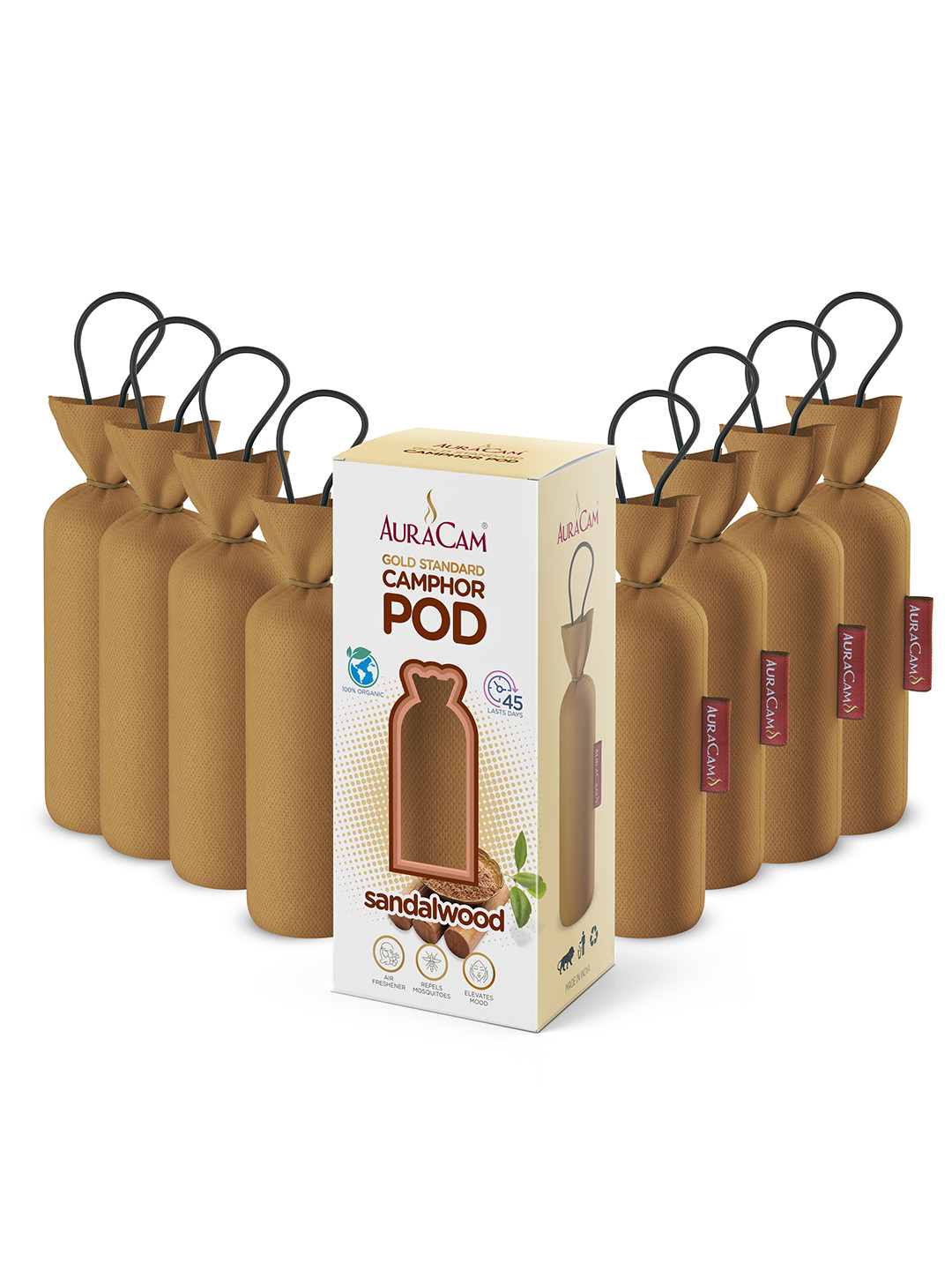 AuraCam Gold Standard Set of 8 Brown Camphor Sandalwood Pod Air Fresheners