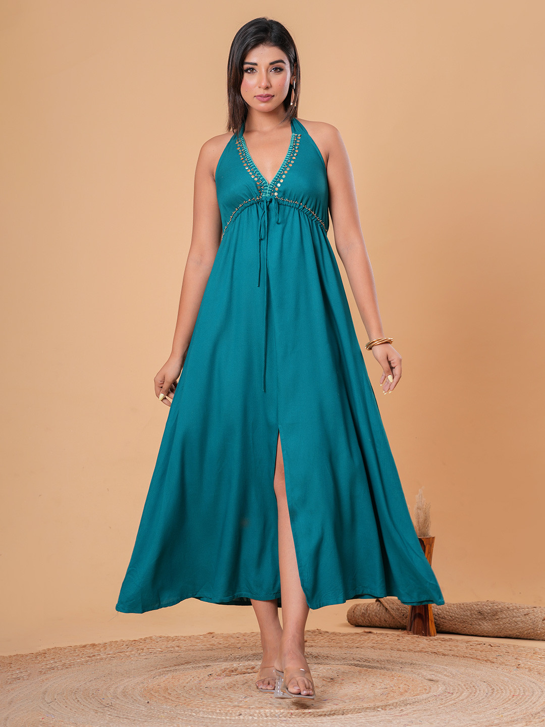 Sencei Embellished Halter Neck Rayon Maxi Dress