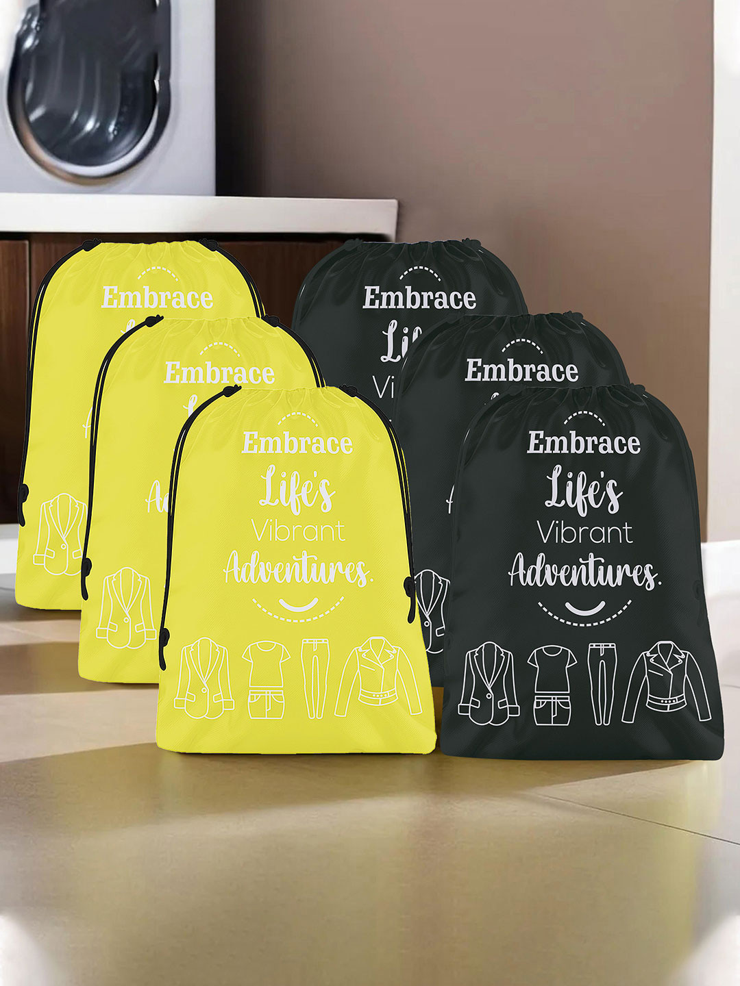Aura Yellow & Black 6 Pieces Printed Storage Bag Water Resistant Organisers