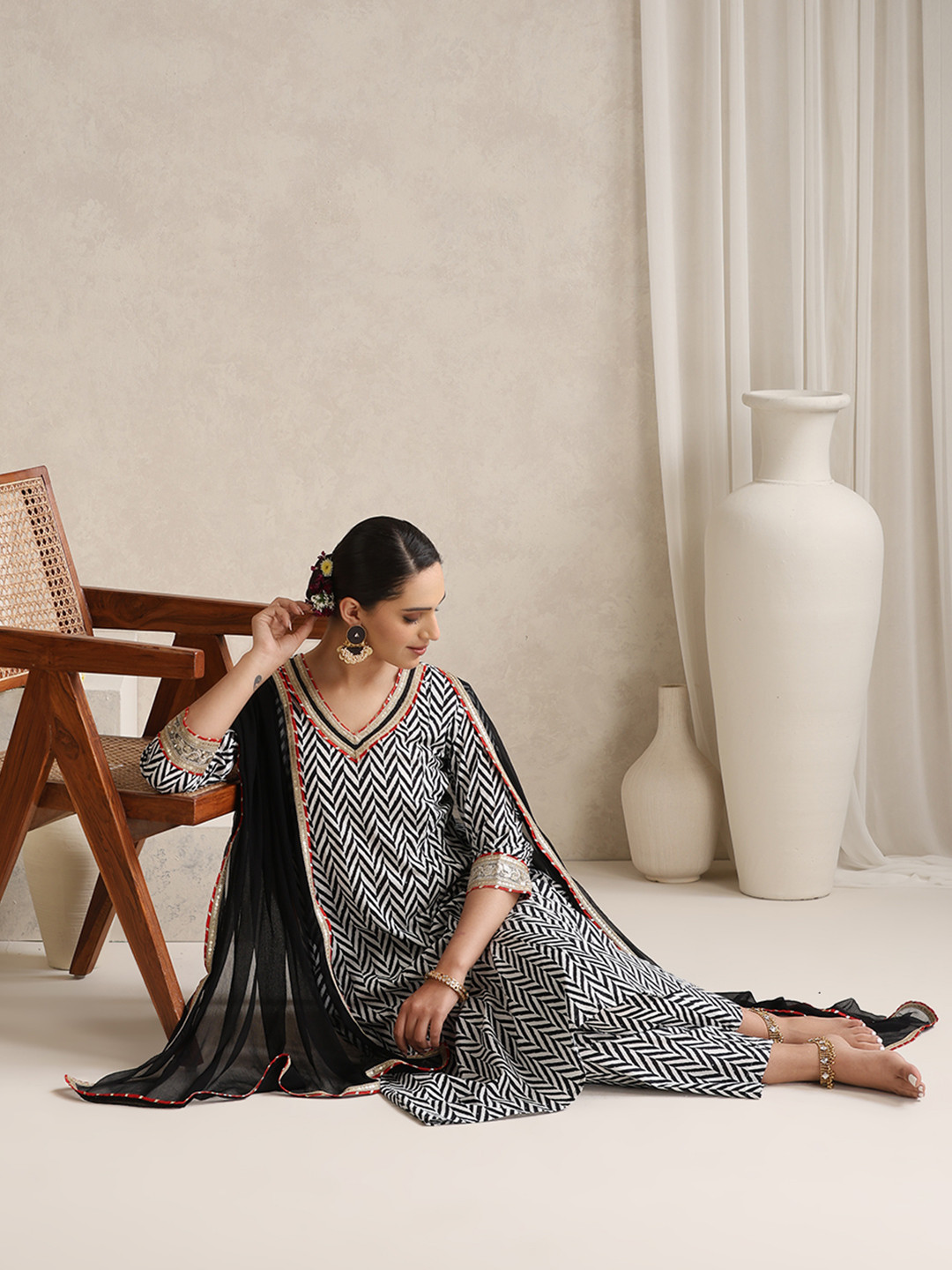 Khushal K Women Chevron Printed Cotton Anarkali Kurta with Trousers & Dupatta