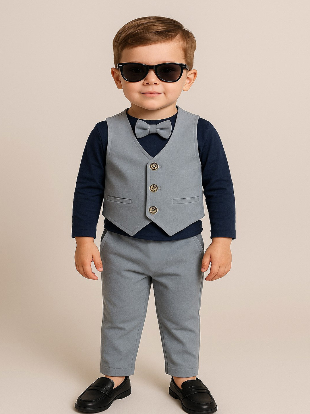 Ninas Boys Self Design 3-Piece Suit With Bow Tie