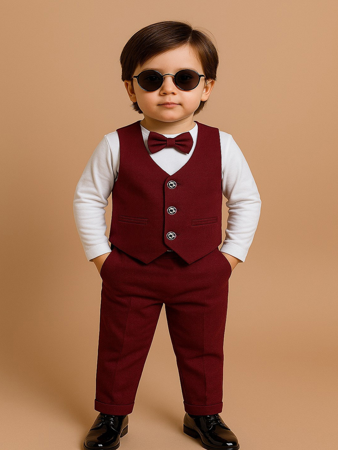 Ninas Boys Self Design 3-Piece Suit With Bow Tie