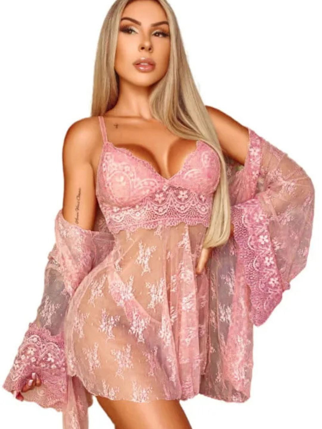 ANGEL CROSHET Sheer Splicing Babydoll with Thong Briefs