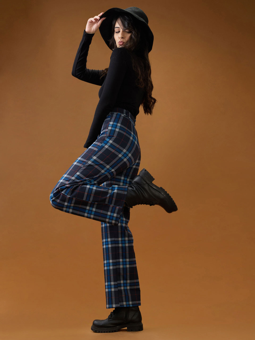 Globus Women Blue Checks Mid Rise Straight Fit Formal Trousers