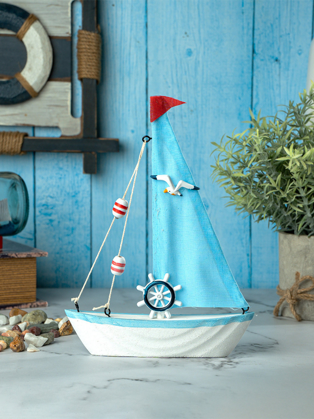 eazy wagon Blue Wooden Sailboat Showpiece