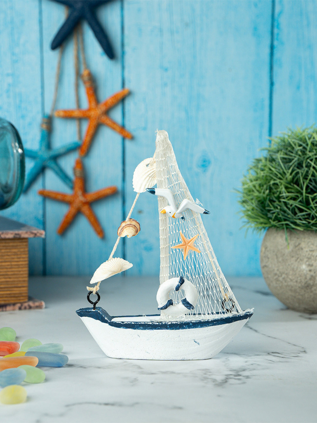 eazy wagon Blue Wooden Sailboat Showpiece
