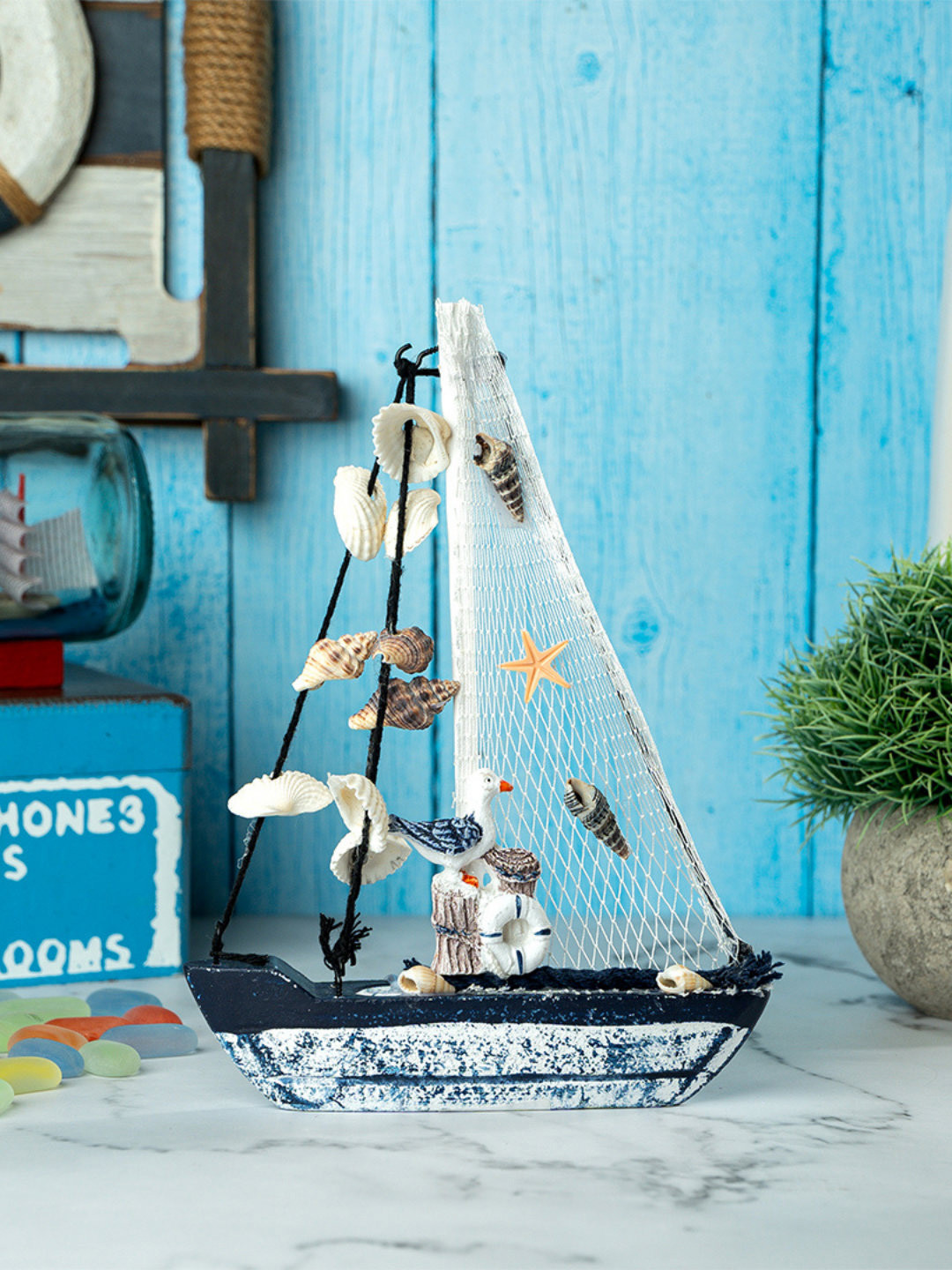 eazy wagon Blue & White Wooden Sailboat Showpiece