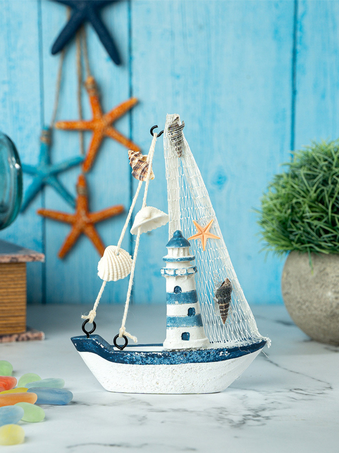 eazy wagon Blue & White Wooden Sailboat Showpiece