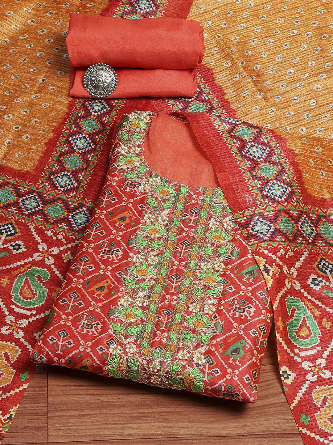 Biba Floral Priented Therad Work Unstitched Dress Material