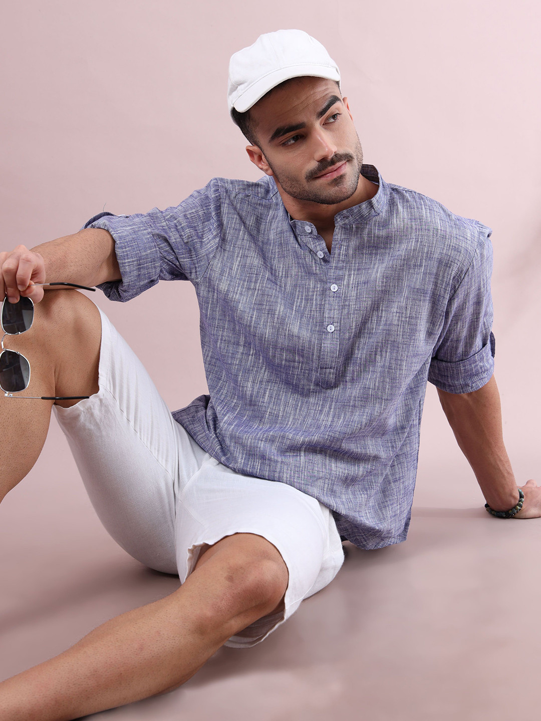 FILORI STUDIO Men's Mandarin Collar Woven Design Short Kurta