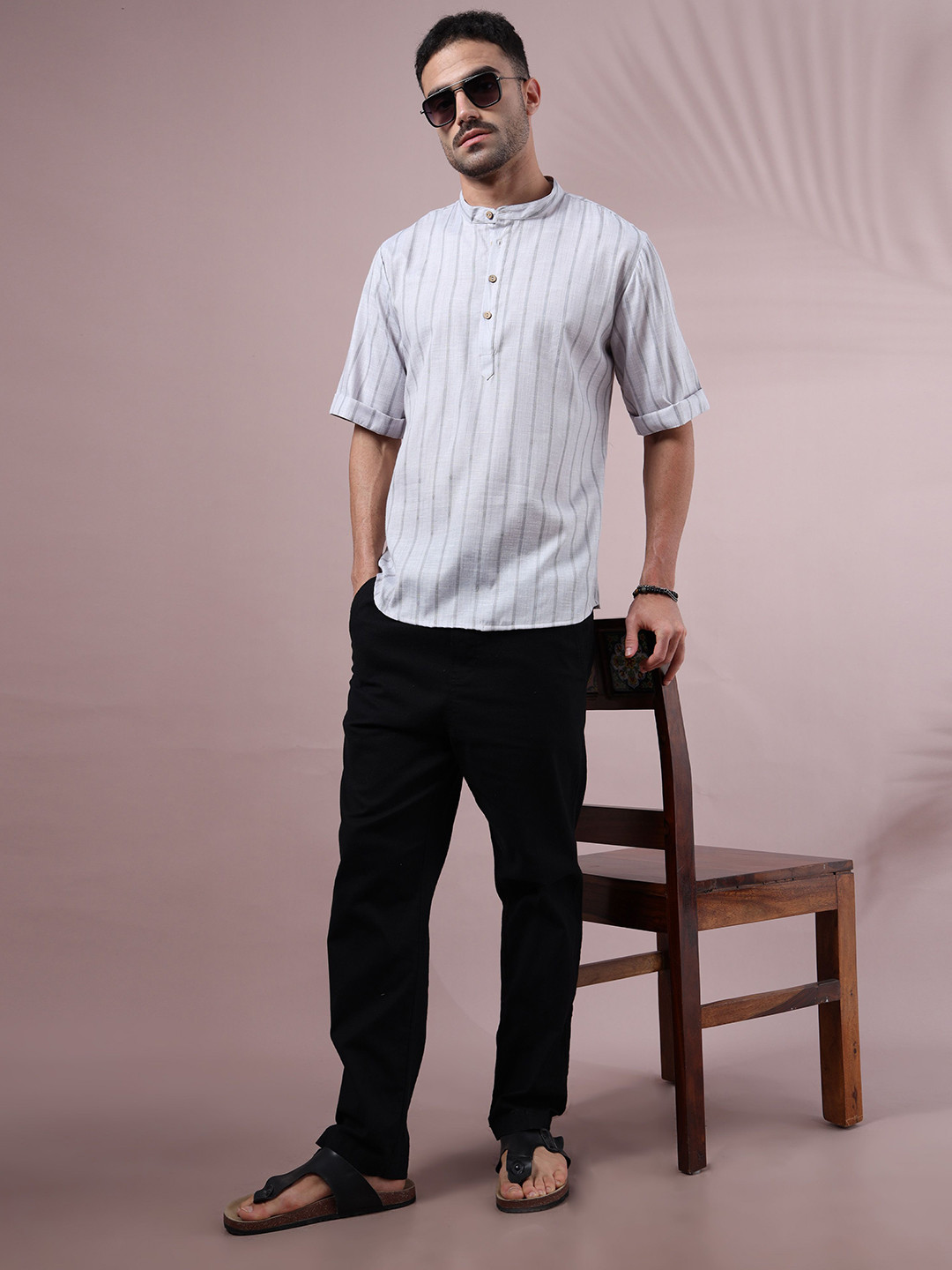 FILORI STUDIO Striped Mandarin Collar Pure Cotton Short Kurta