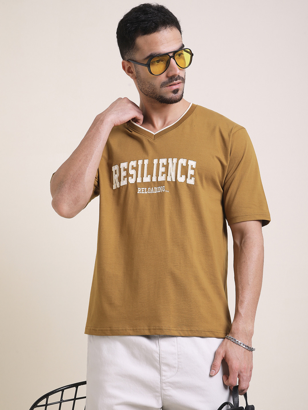 DILLINGER Men Oversized Short Sleeve Embroidery V-Neck Tshirt