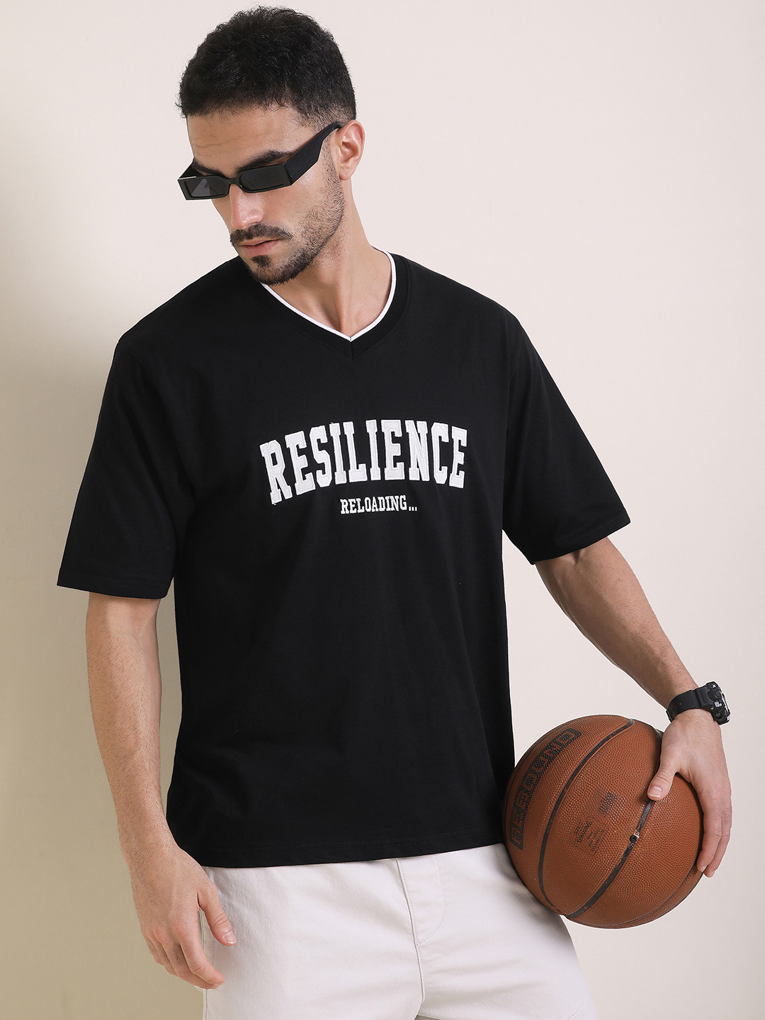 DILLINGER Men Oversized Short Sleeve Embroidery V-Neck Tshirt