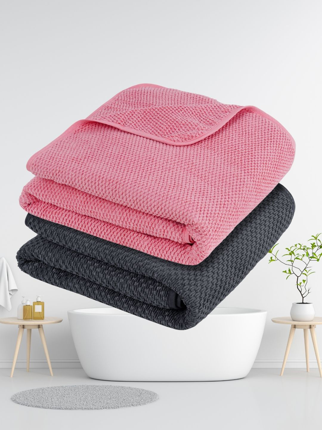 Fezora Peach-Coloured & Grey 2 Pieces Microfiber 320 GSM Bath Towels