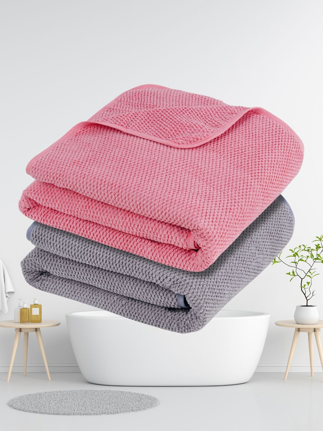 Fezora Peach-Coloured & Grey 2 Pieces Microfiber 320 GSM Bath Towels