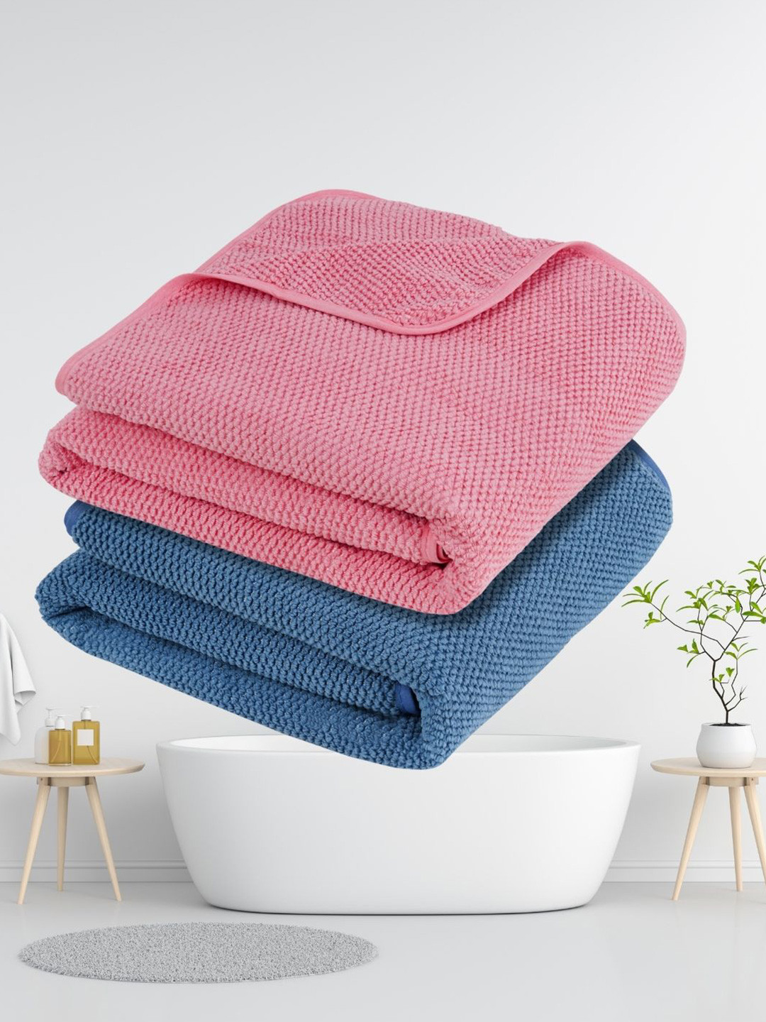 Fezora Peach-Coloured & Blue 2 Pieces Microfiber 320 GSM Bath Towels
