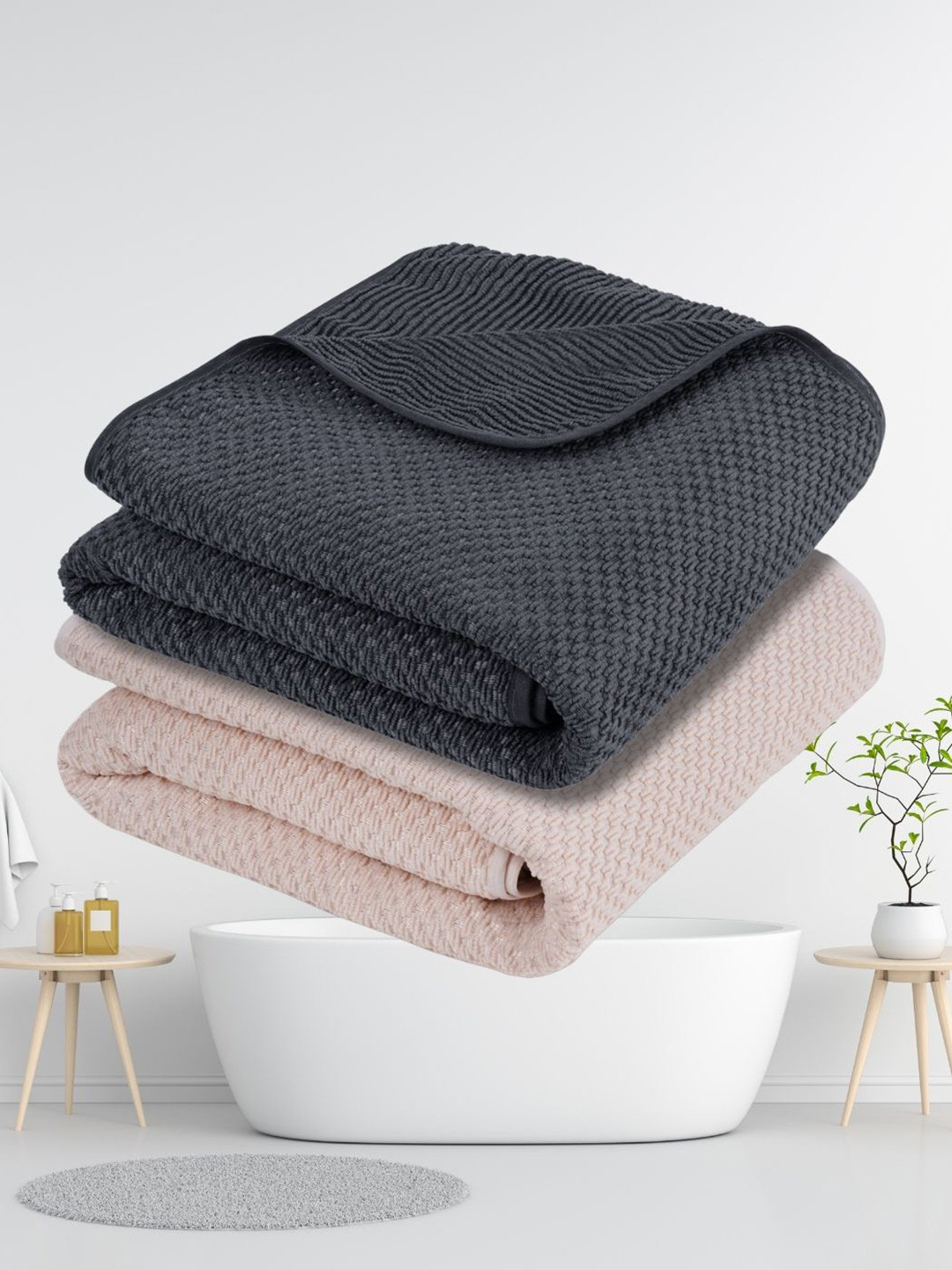 Fezora Grey & Pink 2 Pieces Microfiber 320 GSM Bath Towels