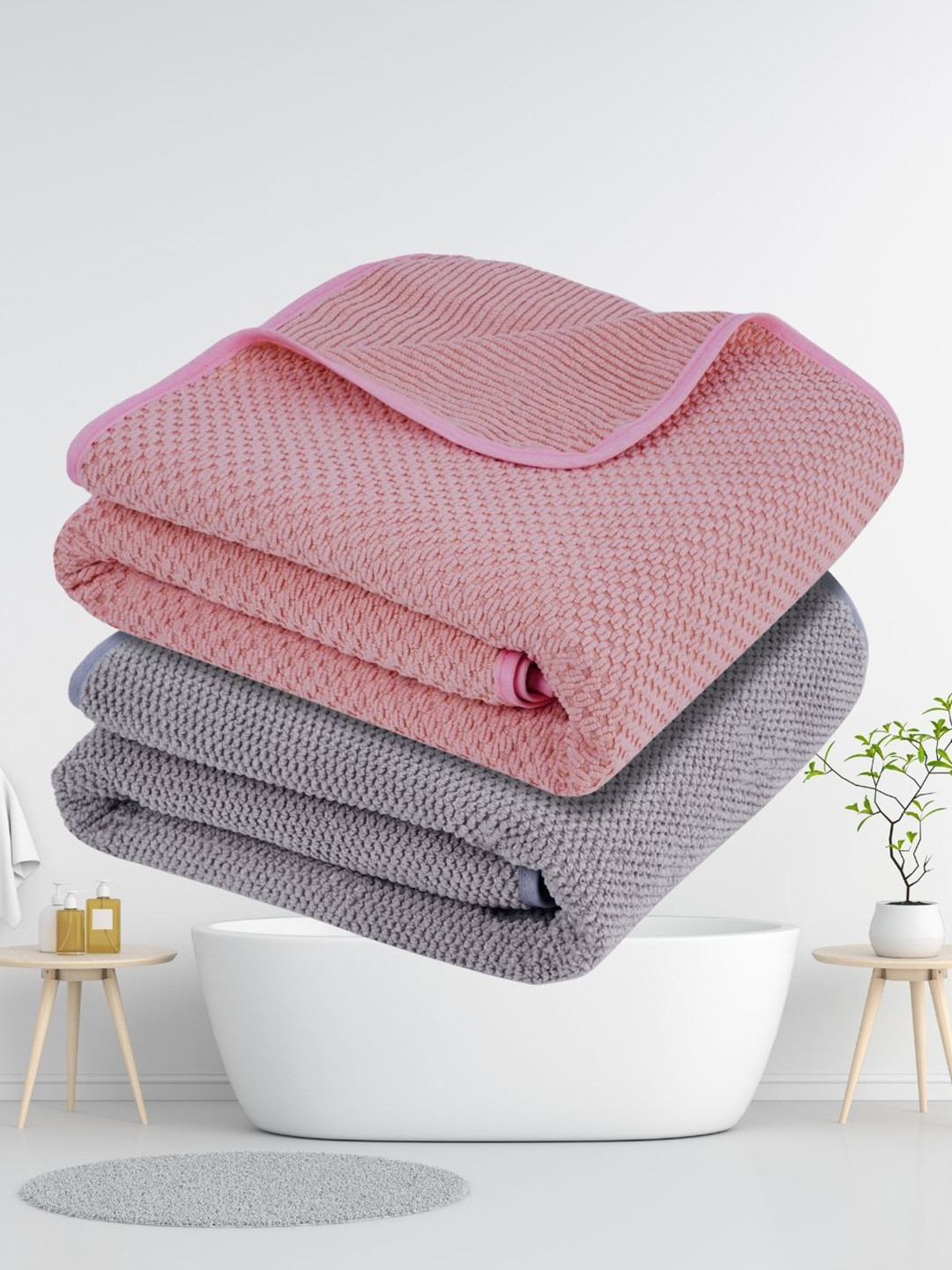 Fezora Pink & Grey 2 Pieces Microfiber 320 GSM Bath Towels