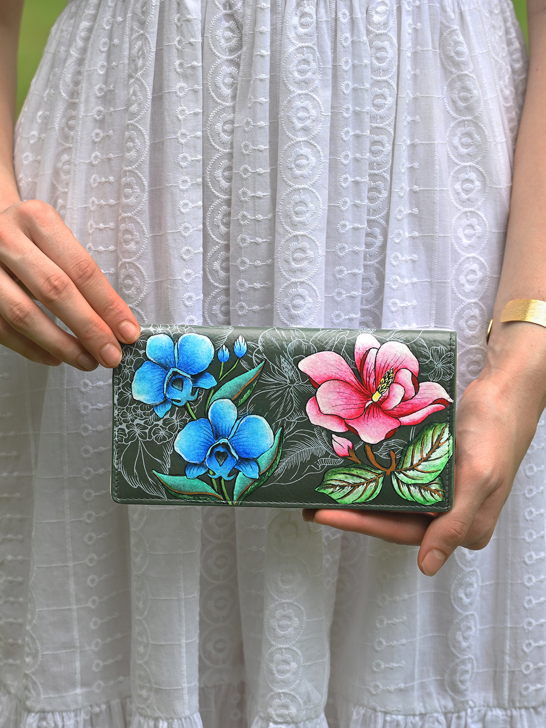 Anuschka Women Floral Fantasy Jade Hand Painted Two Fold Leather Wallet