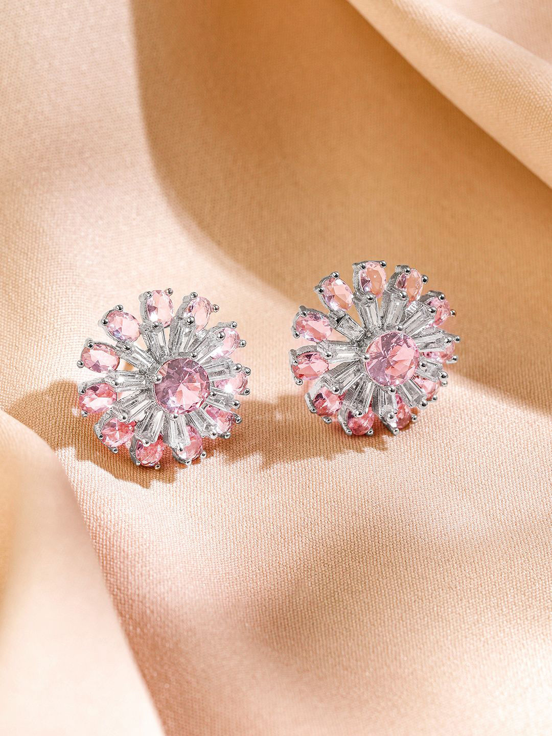 Rubans Rhodium-Plated Blush Pink & Cubic Zirconia Studded Sunburst Floral Stud Earrings
