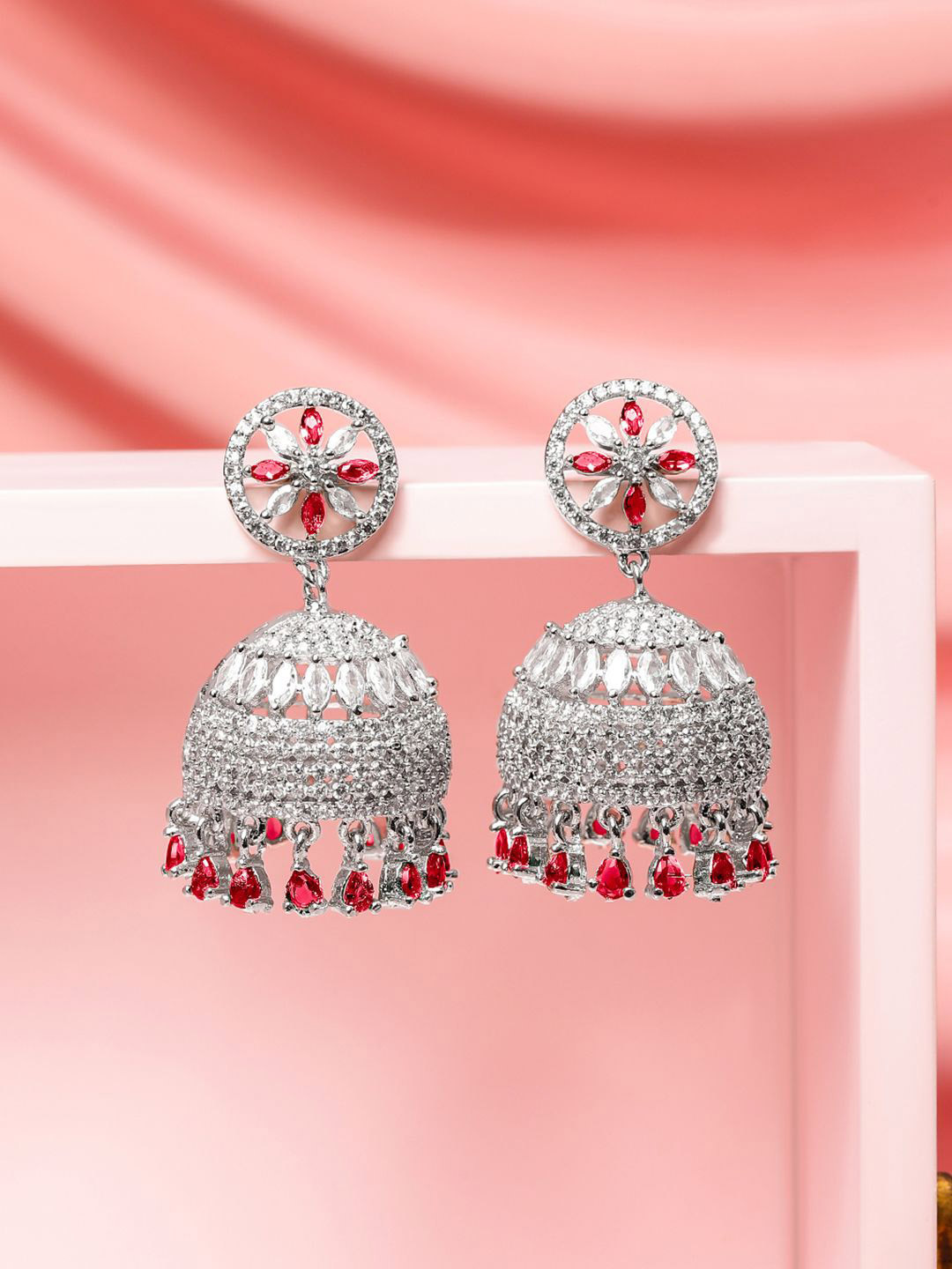 Rubans Rhodium-Plated Ruby Red AD Drop & Cubic Zirconia Studded Floral Jhumka Earrings