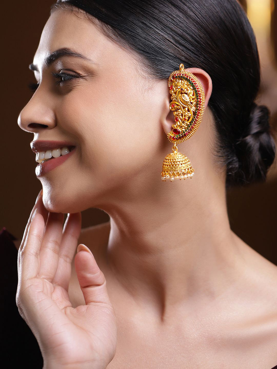 Rubans 22K Gold-Plated Ruby & Emerald Temple Ear-Cuff Jhumka Earrings with Ghungroo Drops