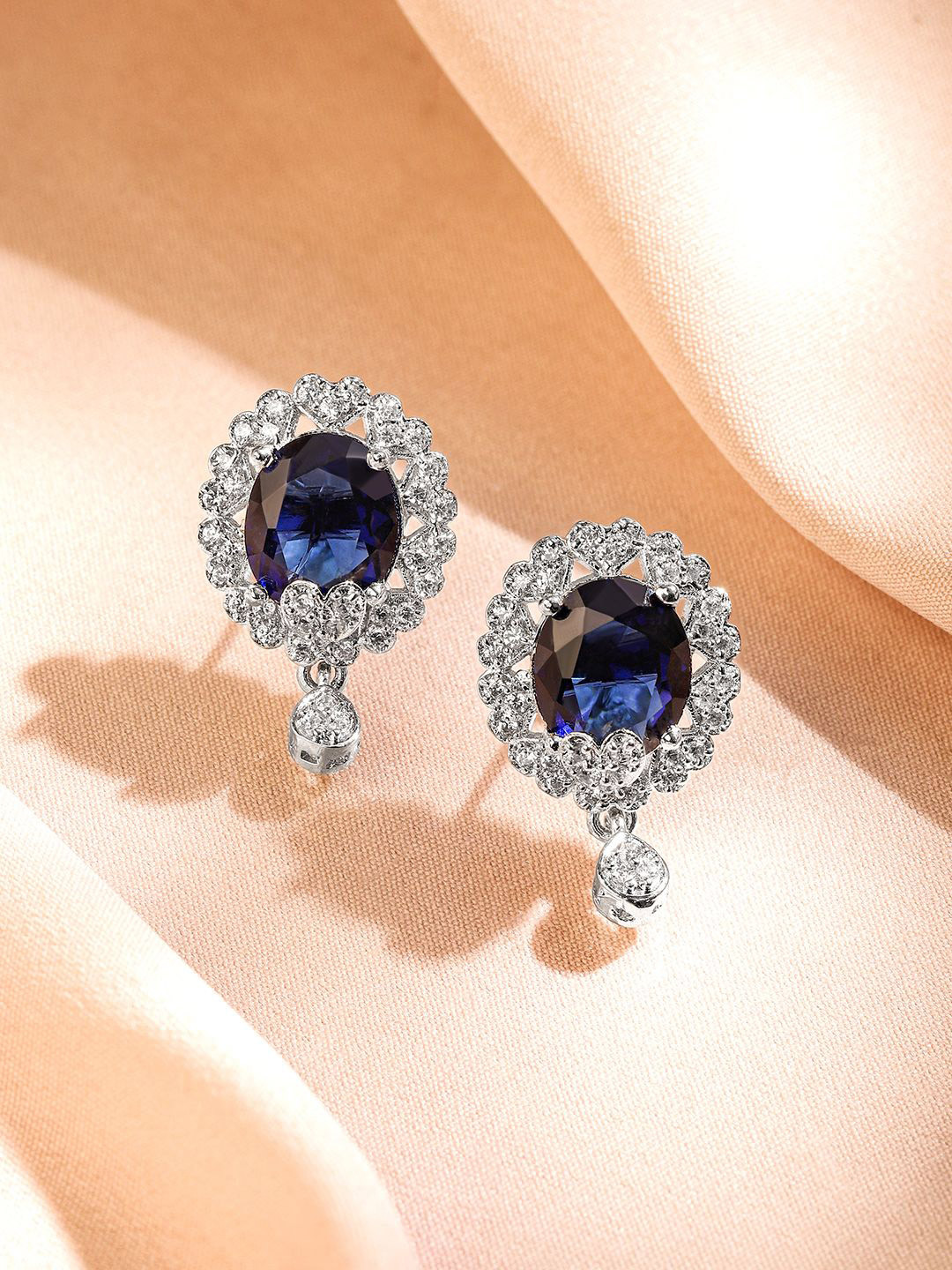 Rubans Rhodium-Plated Blue Sapphire & Cubic Zirconia Studded Oval Statement Drop Earrings