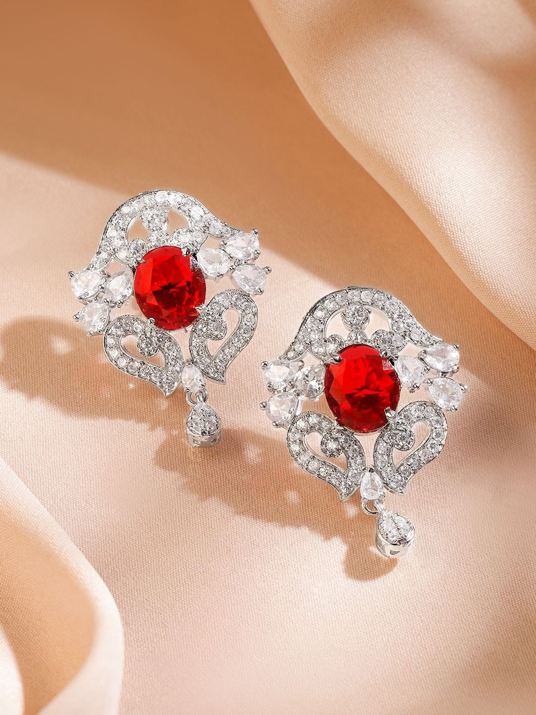 Rubans Rhodium-Plated Ruby Red & Cubic Zirconia Classic Drop Stud Earrings