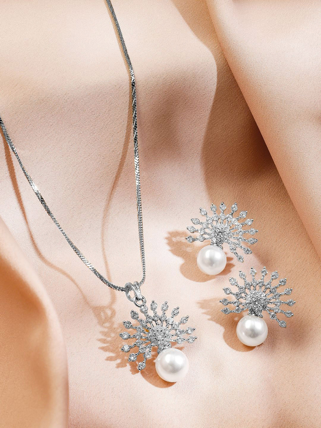 Rubans Rhodium-Plated Pearl & Cubic Zirconia Studded Sunburst Pendant Necklace Set