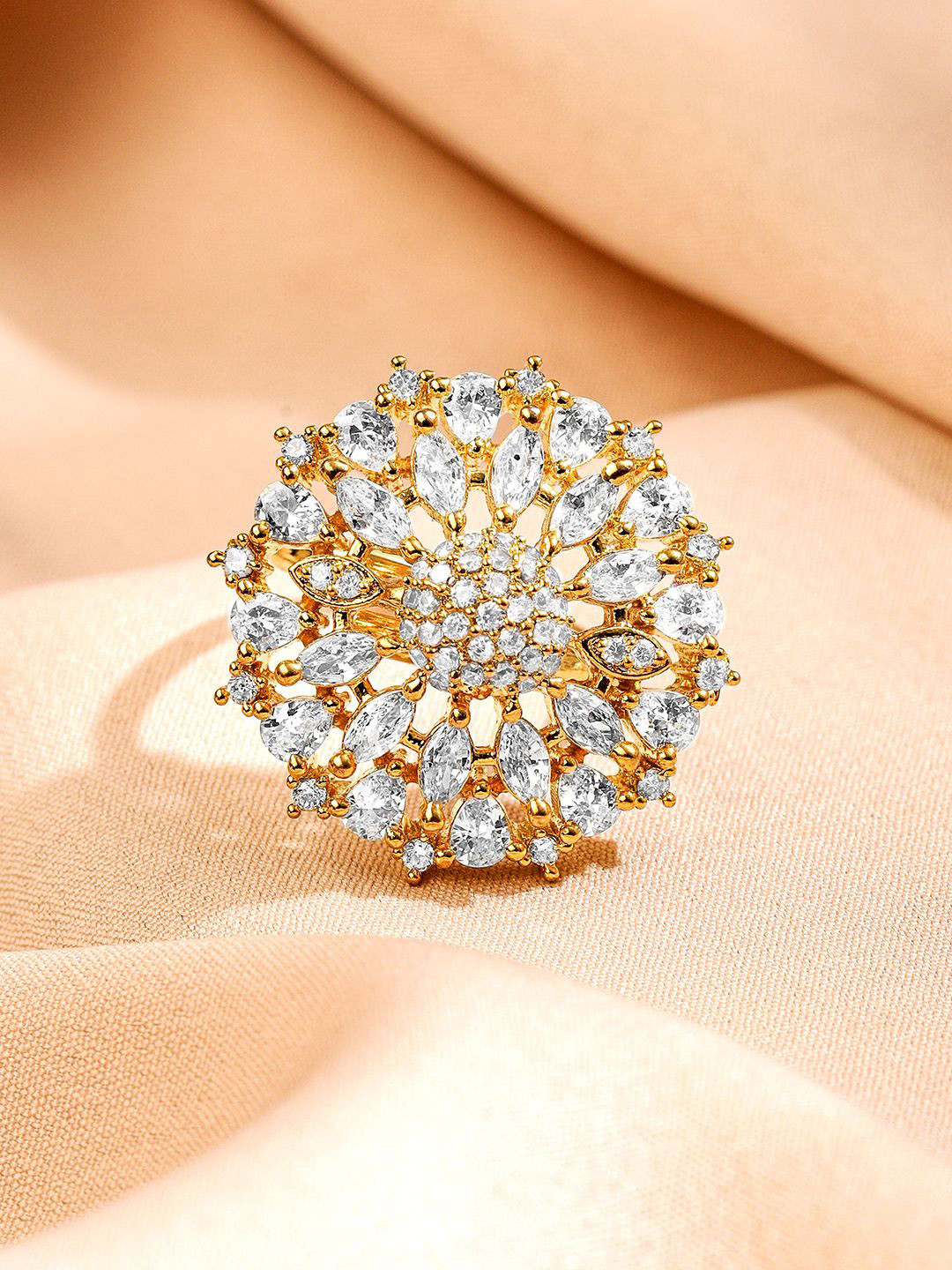 Rubans 18K Gold-Plated Cubic Zirconia Studded Adjustable Sunburst Floral Finger Ring