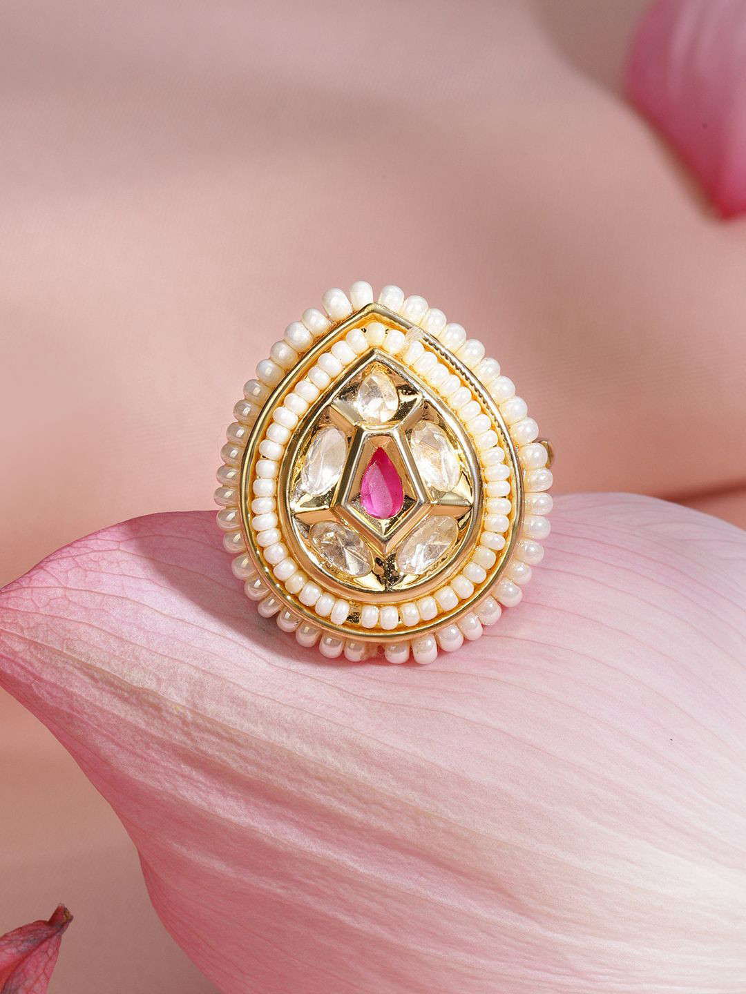 Rubans 18K Gold-Plated Ruby Kundan Studded & Pearl Beaded Adjustable Teardrop Finger Ring