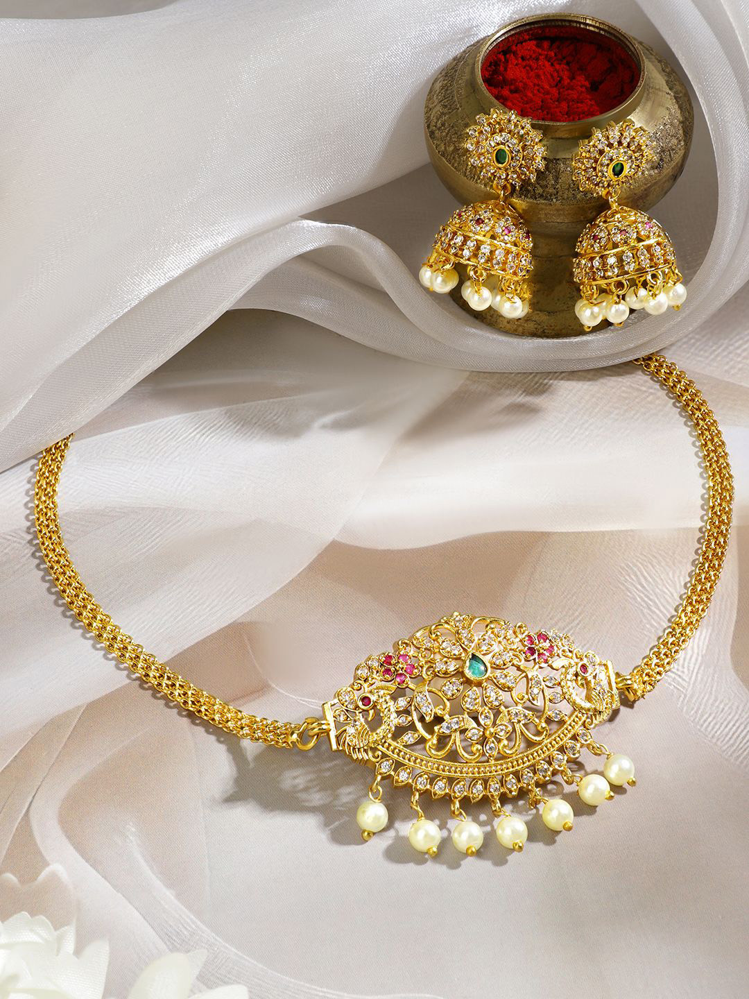 Rubans 22K Gold-Plated Emerald Ruby & Cubic Zirconia Stones Choker Set with Pearl Drops