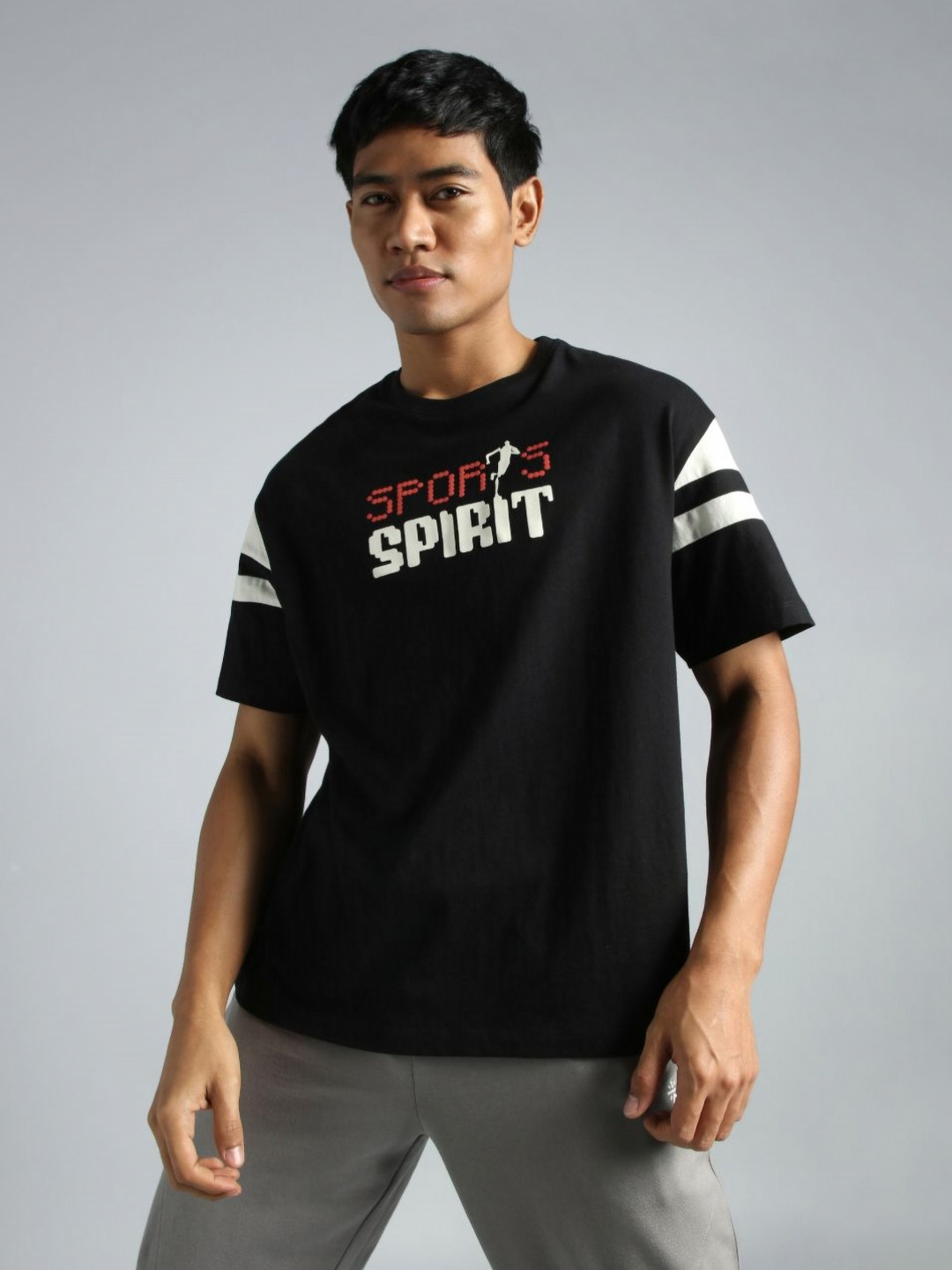 Cult Men Black Sports Spirit Graphic Relaxed Fit T-Shirt