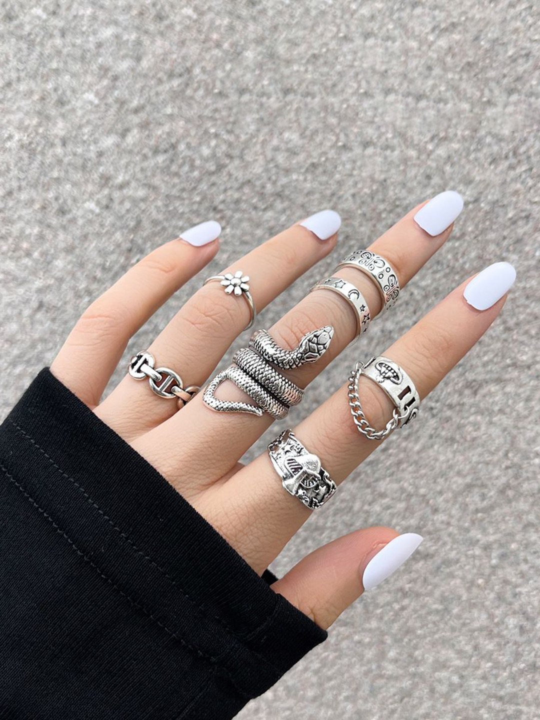 Shining Diva Fashion Set Of 7 Silver-Plated Hypoallergenic Textured Finger Rings