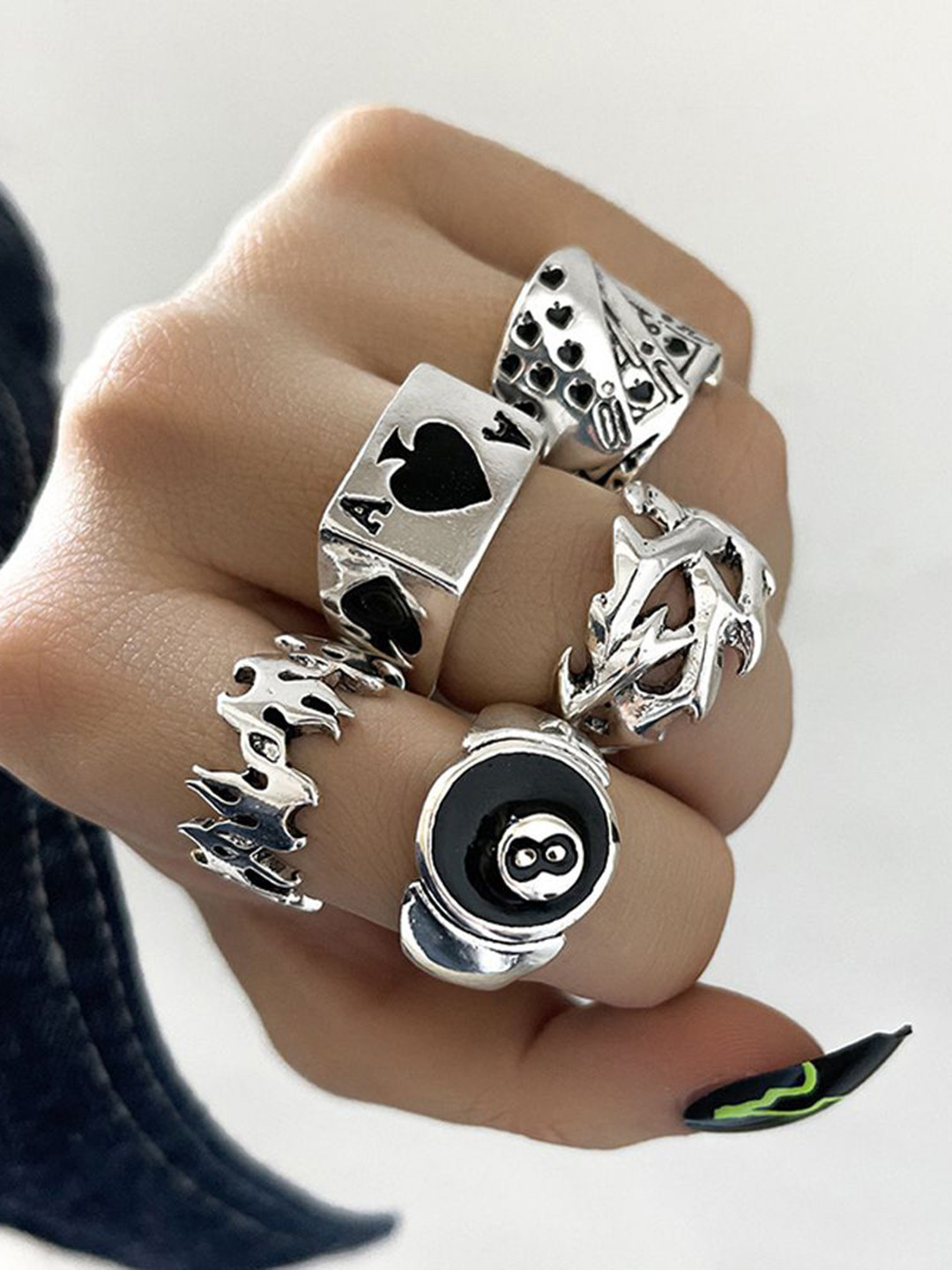 Shining Diva Fashion Set Of 5 Silver-Plated Hypoallergenic Finger Rings