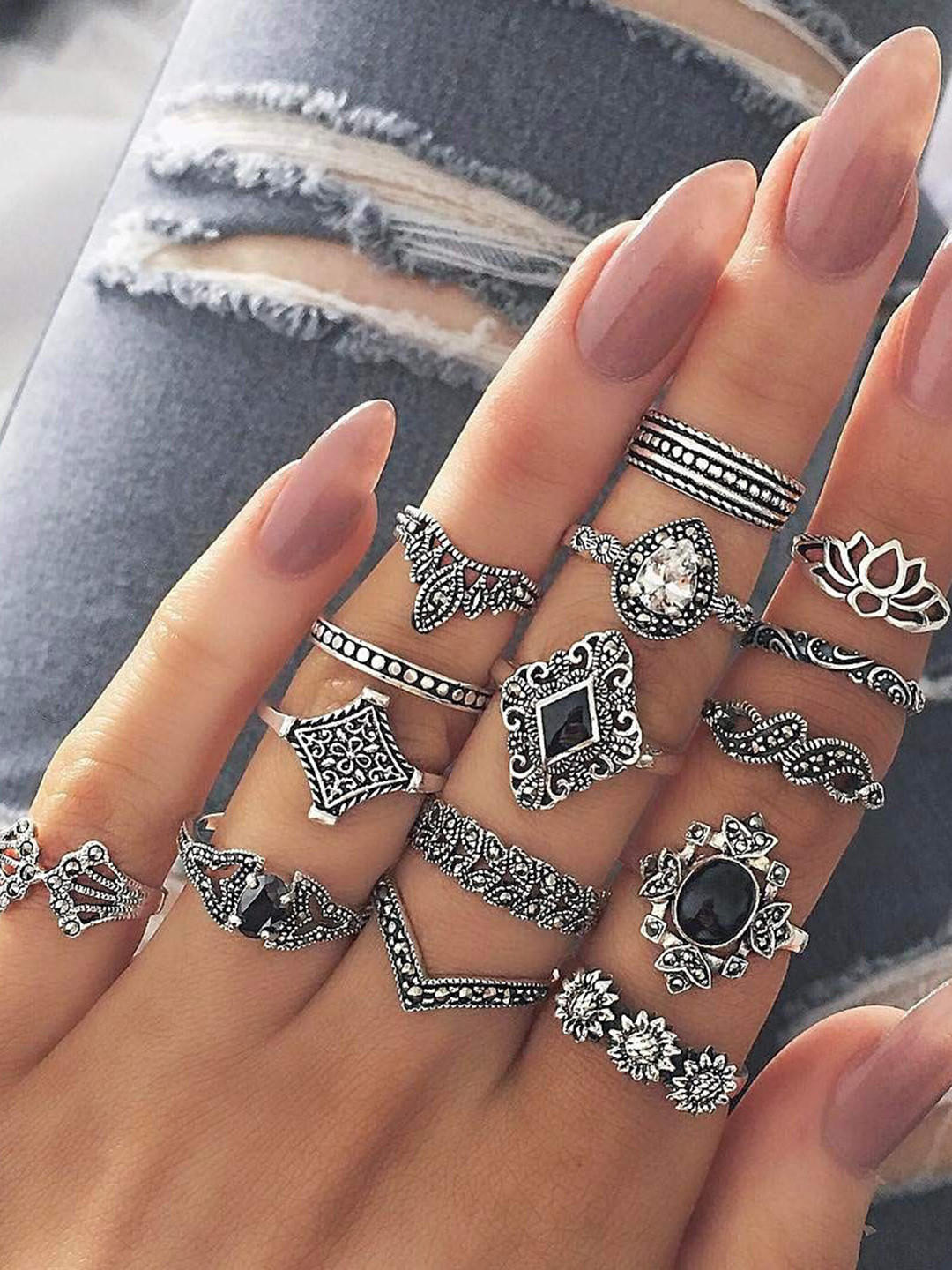 Shining Diva Fashion Set Of 15 Silver-Plated Crystal-Studded Hypoallergenic Finger Rings