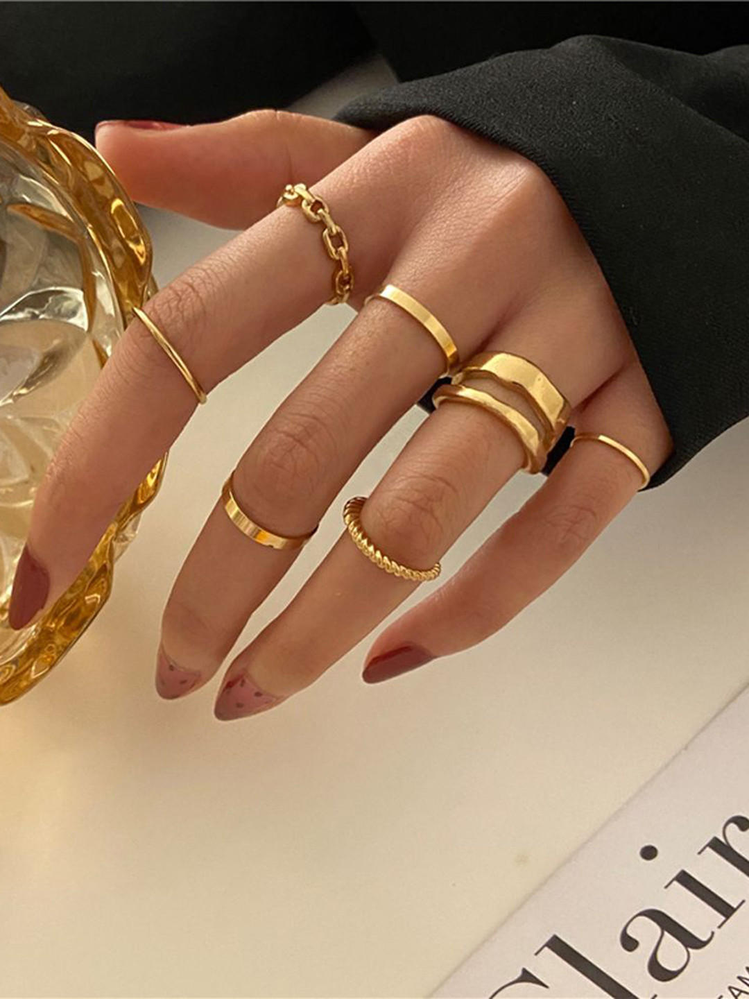 Shining Diva Fashion Set Of 7 Gold-Plated Rings