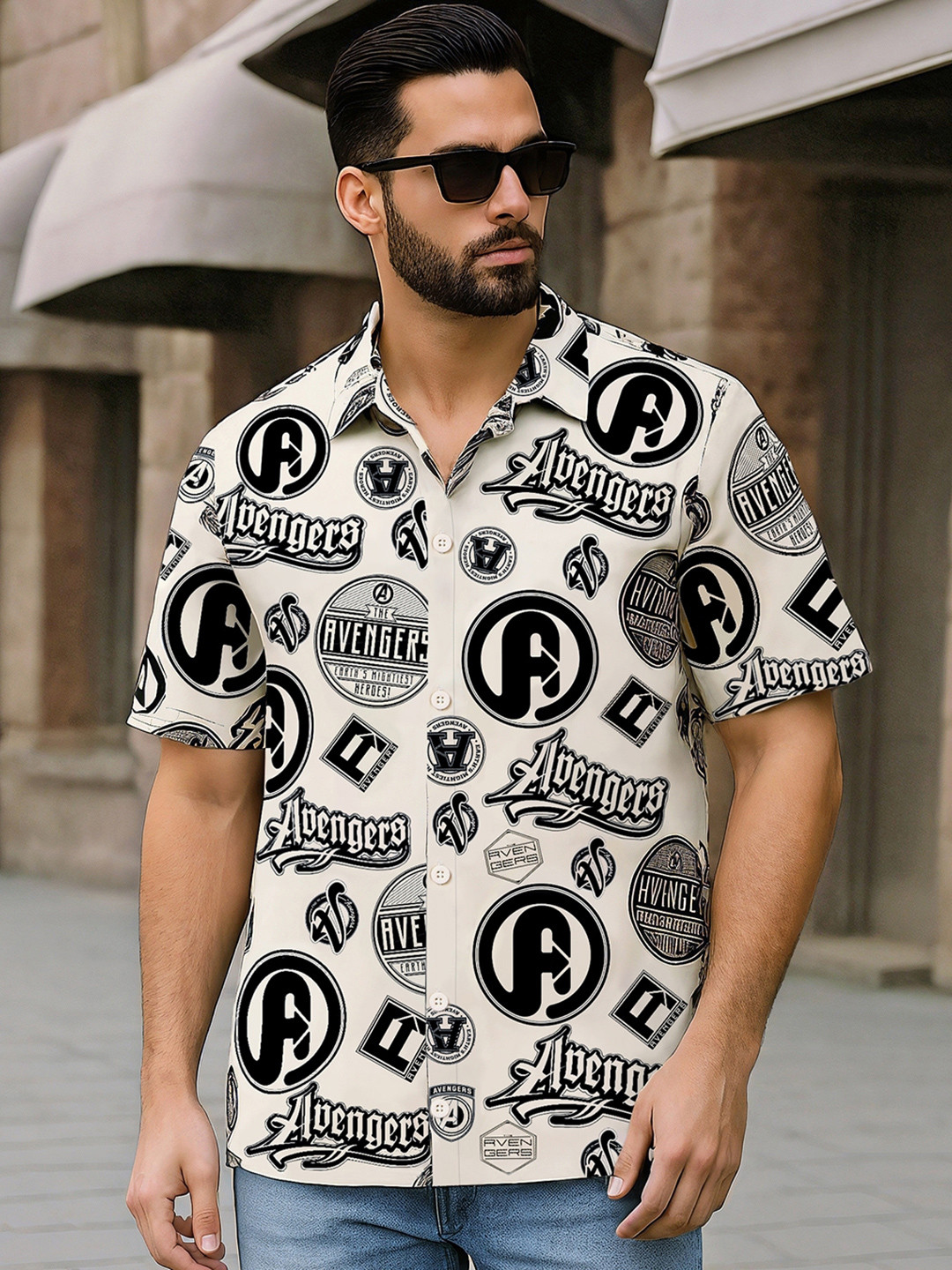 Bewakoof Official Marvel Merchandise Men Beige Avengers All Over Printed Oversized Shirt