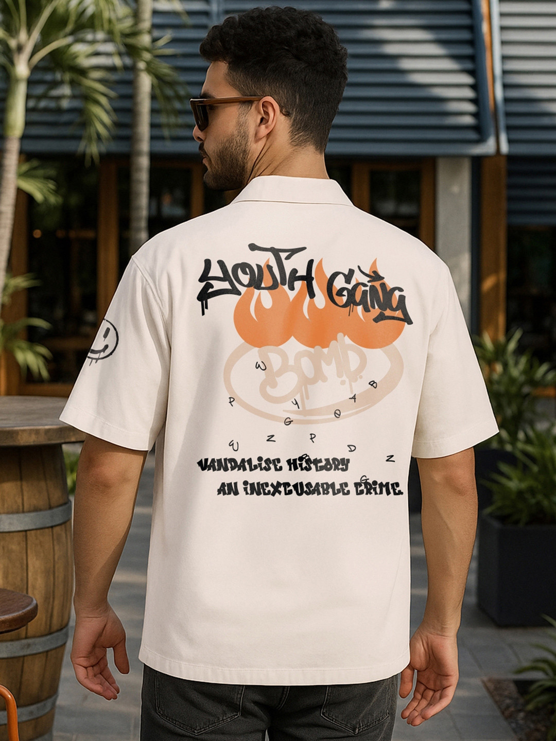 Bewakoof Men's Beige Youth Gang Graphic Printed Oversized Shirt