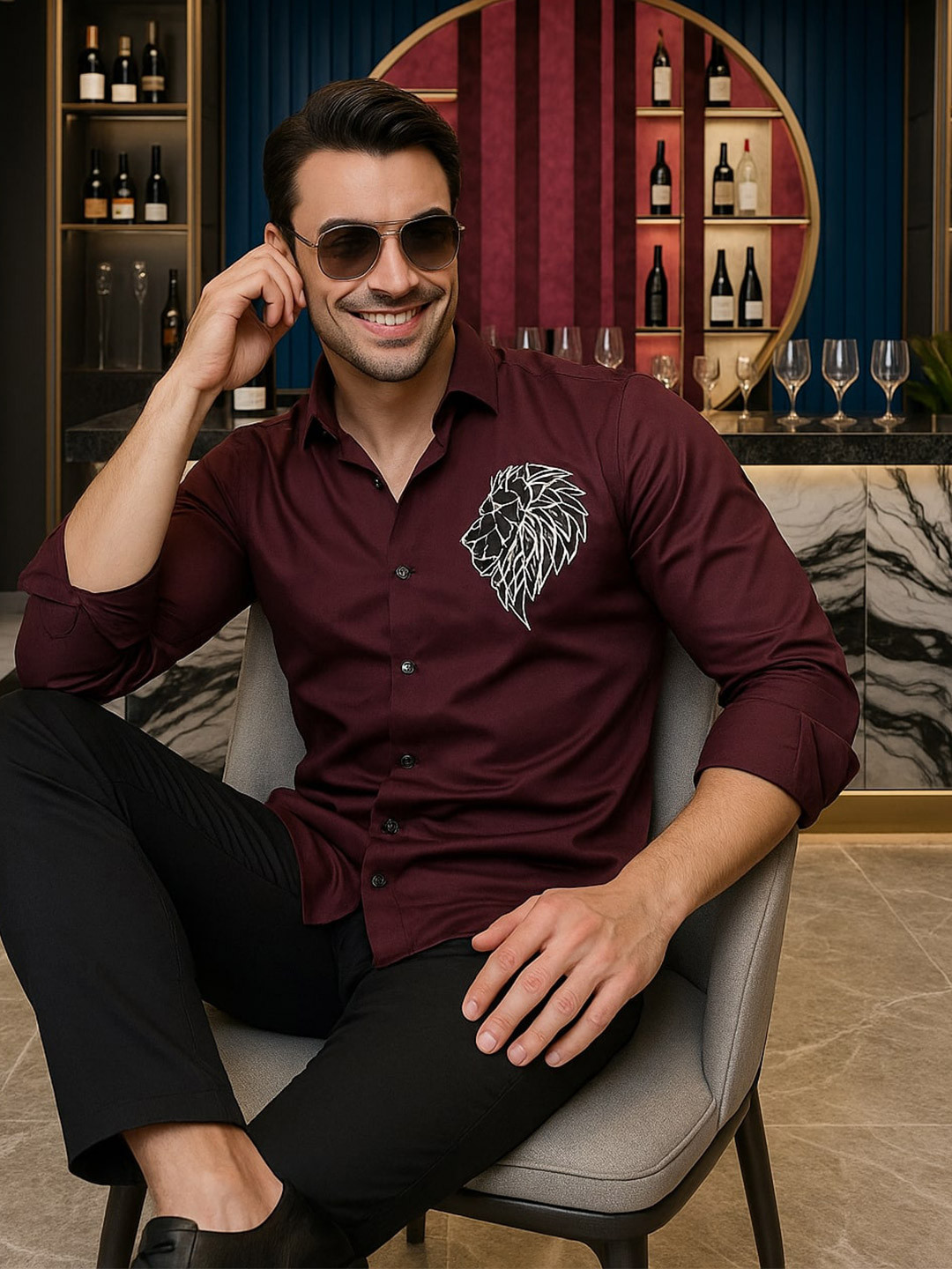 ALMATY Comfort Lion Printed Slim Fit Cotton Shirt