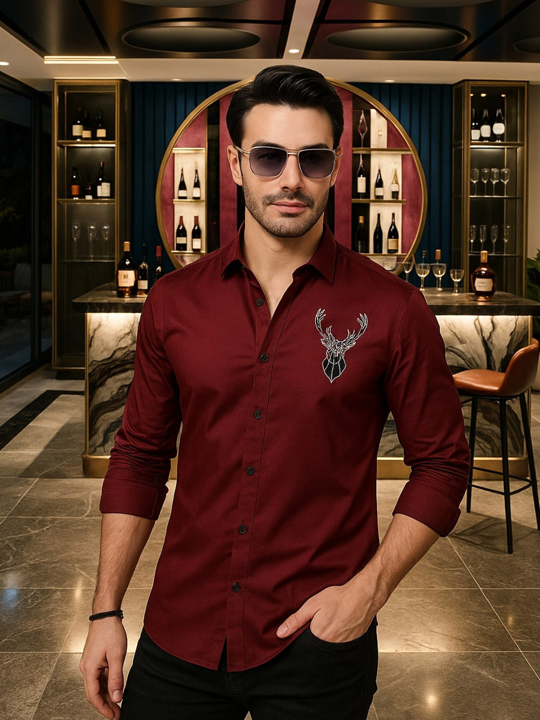 ALMATY Nicolas Comfort Animal Embroidered Slim Fit Cotton Shirt