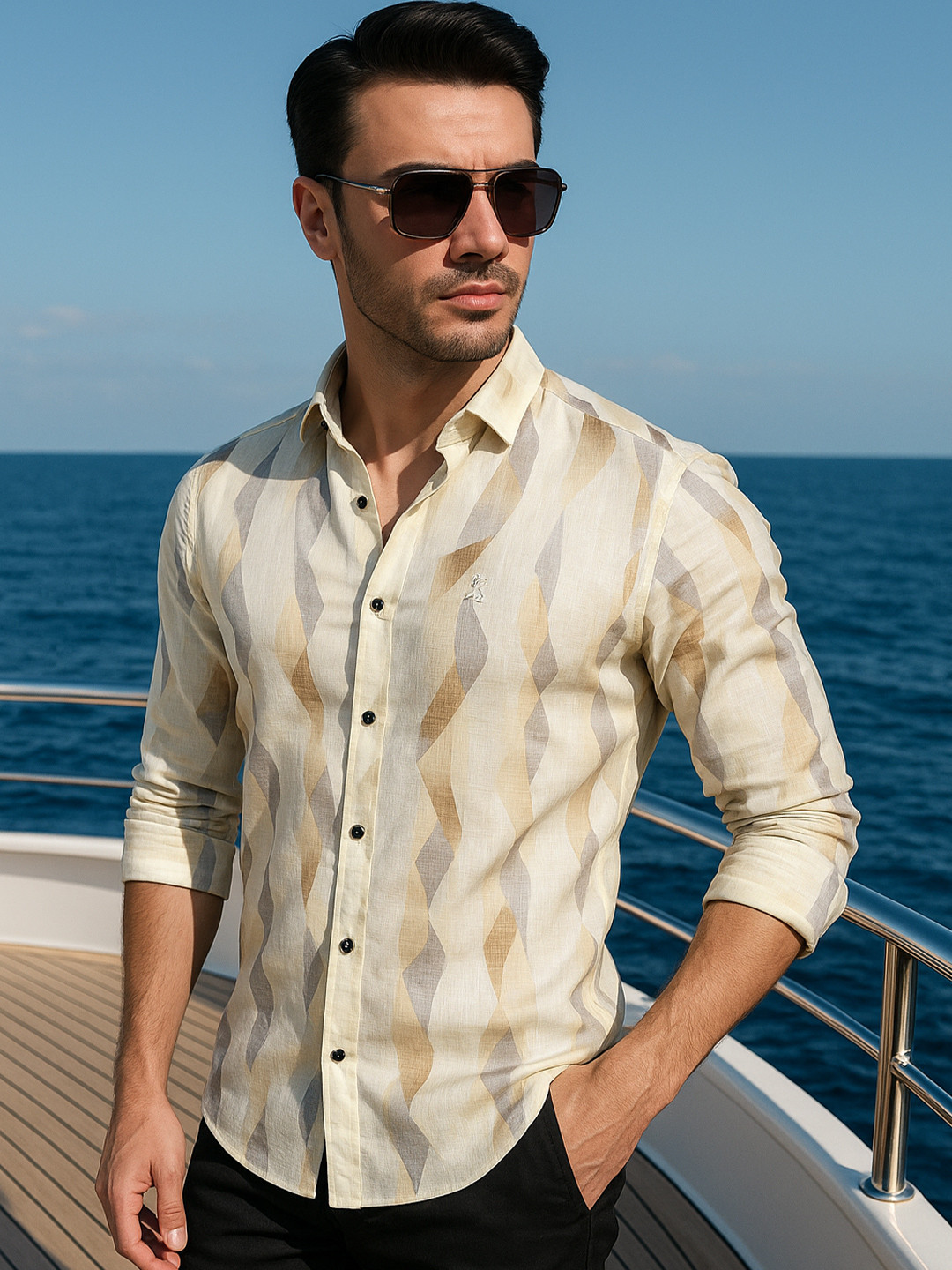 ALMATY Marius Comfort Abstract Printed Button-Down Collar Slim Fit Linen Shirt