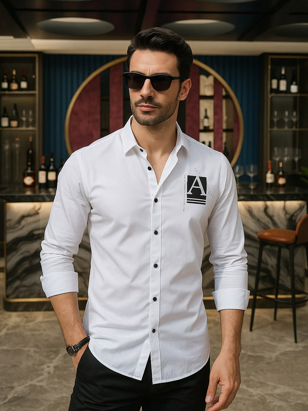 ALMATY Wilhelm Comfort Typography Embellished Slim Fit Cotton Shirt