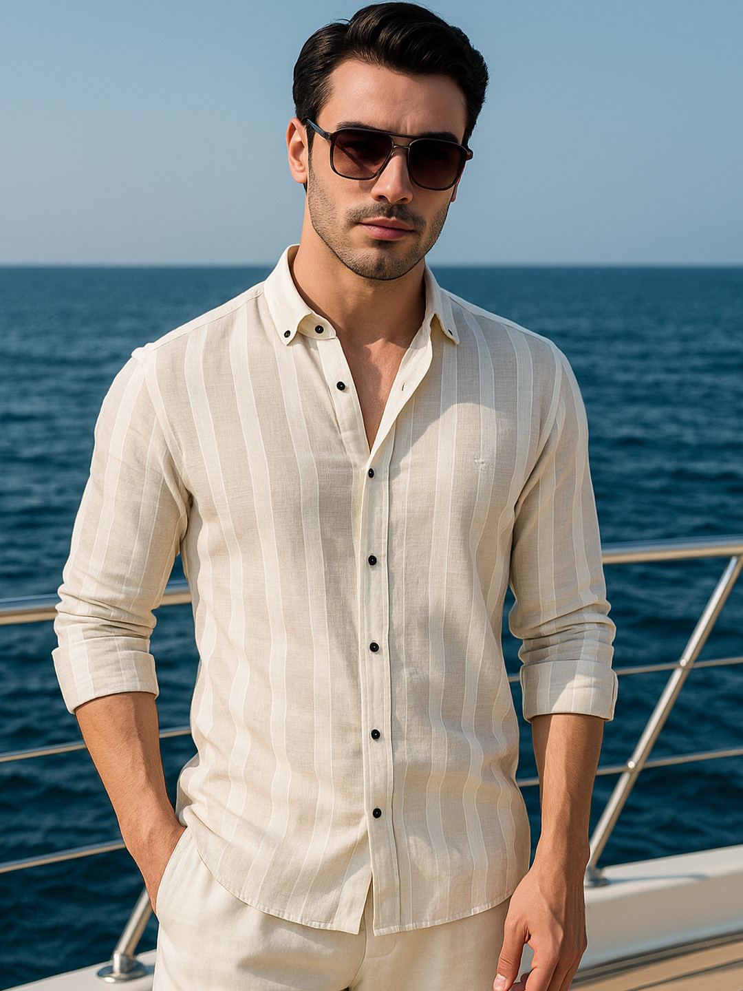 ALMATY Jerzy Comfort Vertical Striped Button-Down Collar Slim Fit Linen Shirt