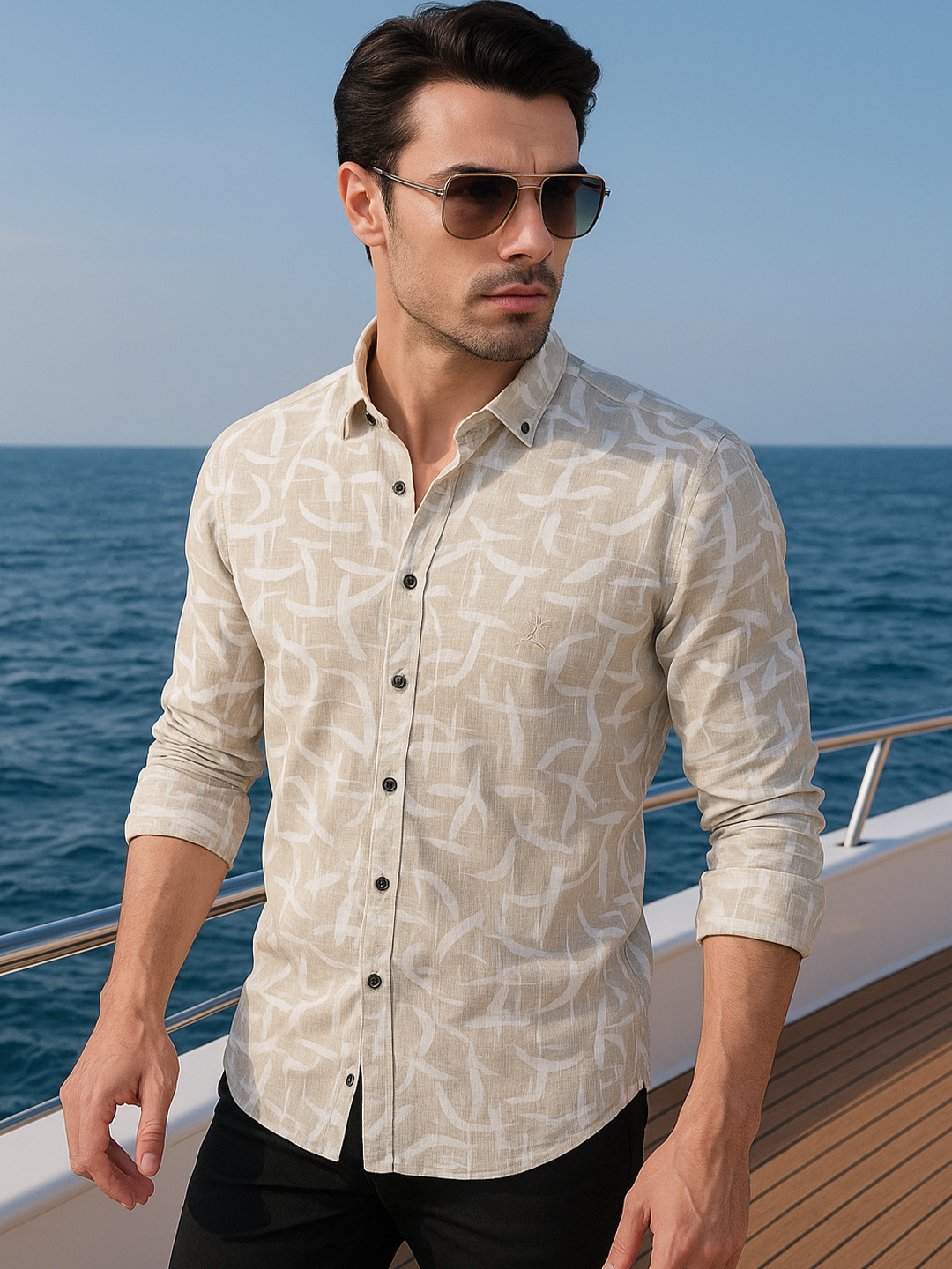 ALMATY Emre Comfort Abstract Printed Button-Down Collar Slim Fit Linen Shirt