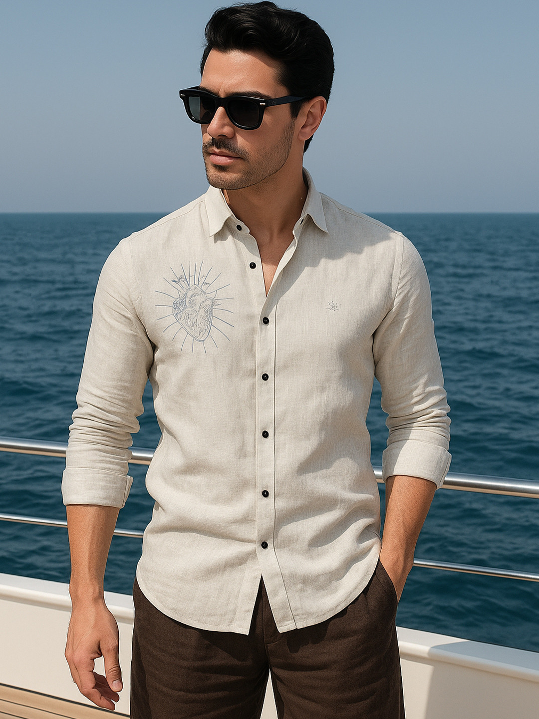 ALMATY Glossy Comfort Heart Embroidered Button-Down Collar Slim Fit Linen Shirt