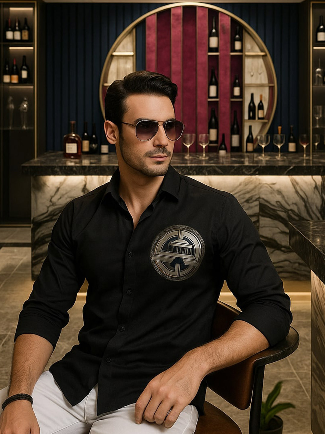 ALMATY Tudor Comfort Geometric Embellished Slim Fit Cotton Shirt