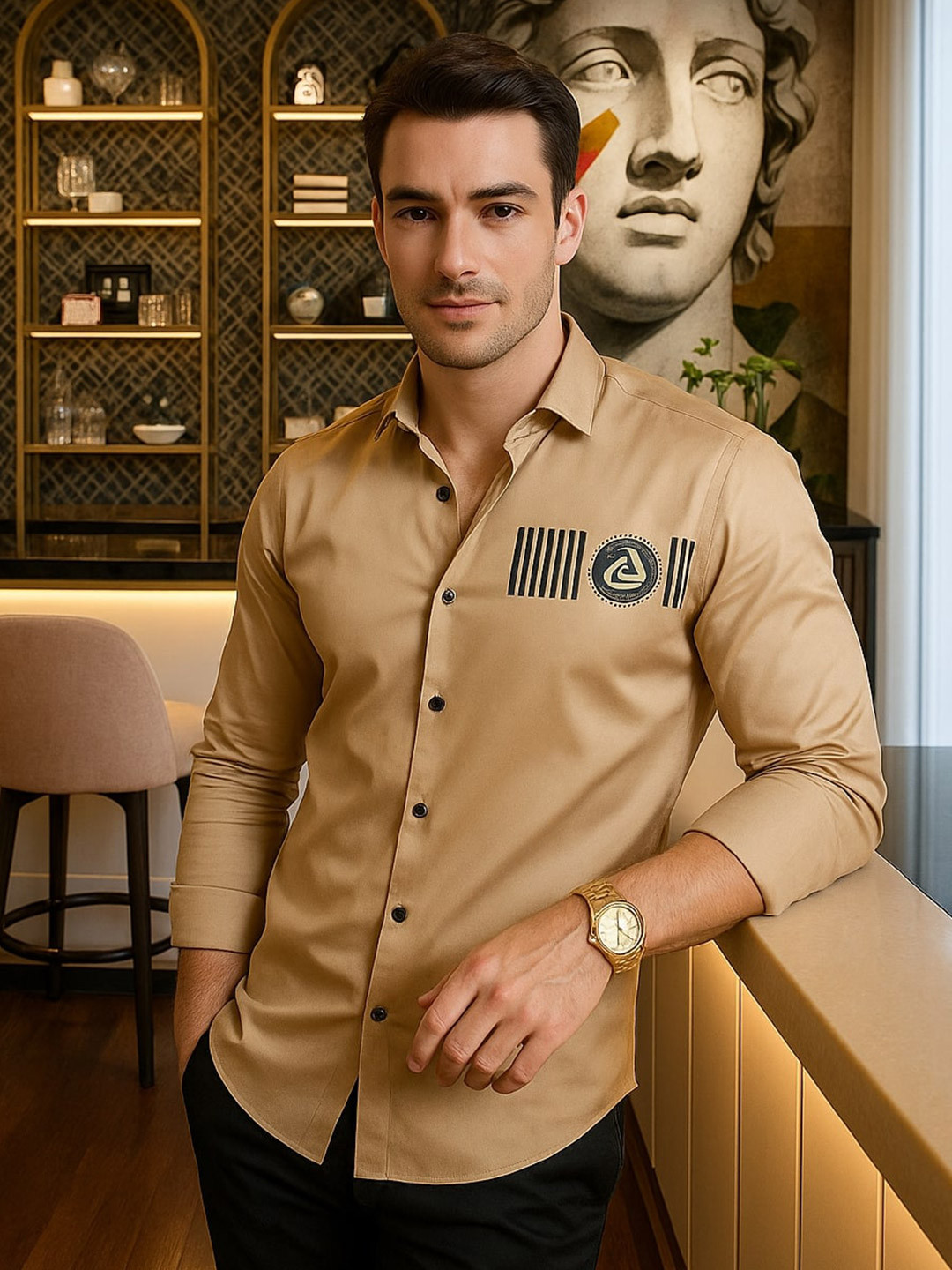 ALMATY Gebby Comfort Geometric Embellished Slim Fit Cotton Shirt